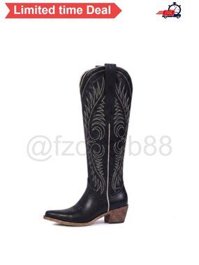 Faux Leather Western Cowboy Boots Pointed Toe Wide Calf Knee High Block Heel